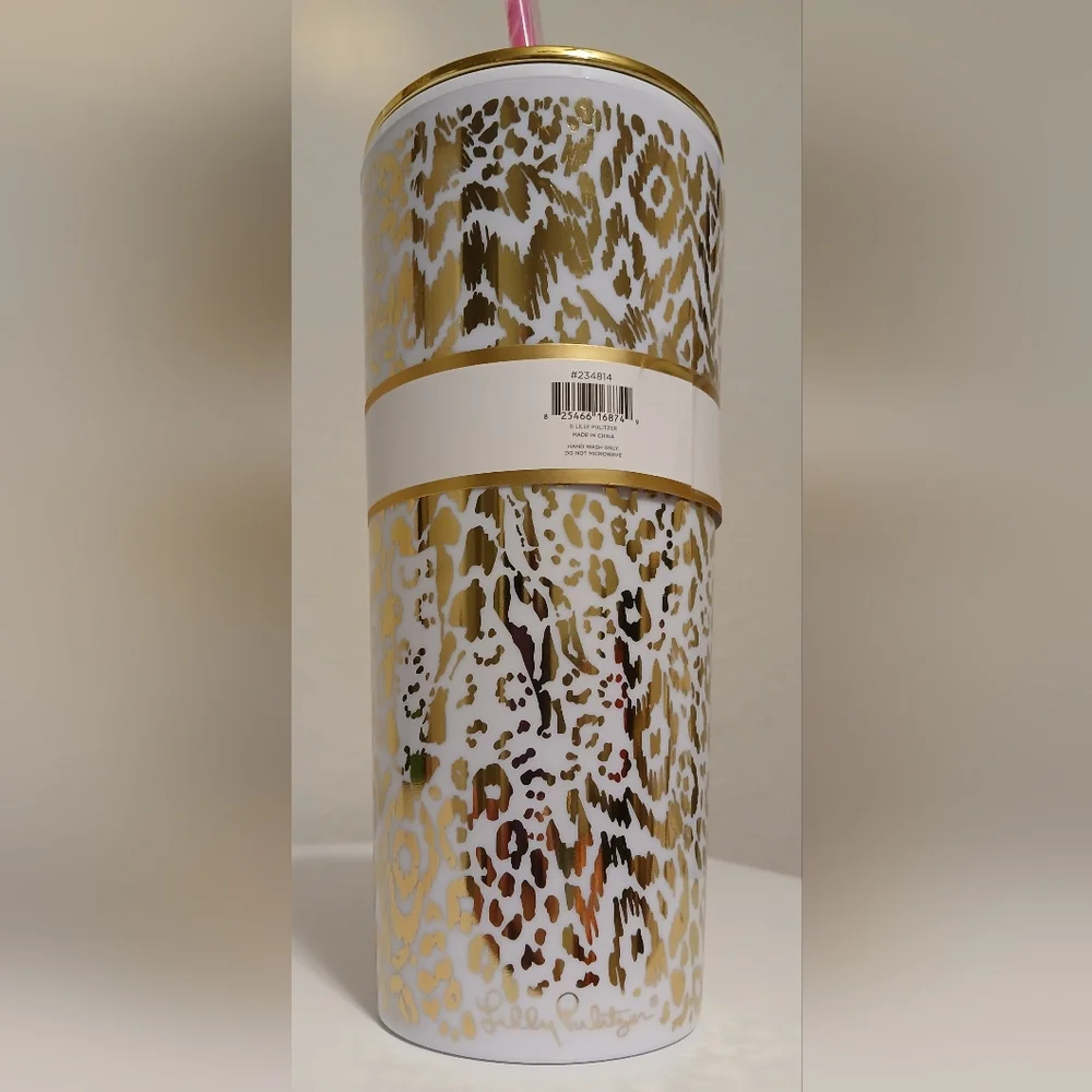 NWT Lilly Pulitzer Gold Leopard Tumbler With Straw